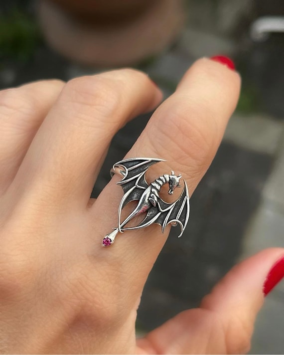 Sterling Silver Dragon Ring, Zircon Stone, Adjustable