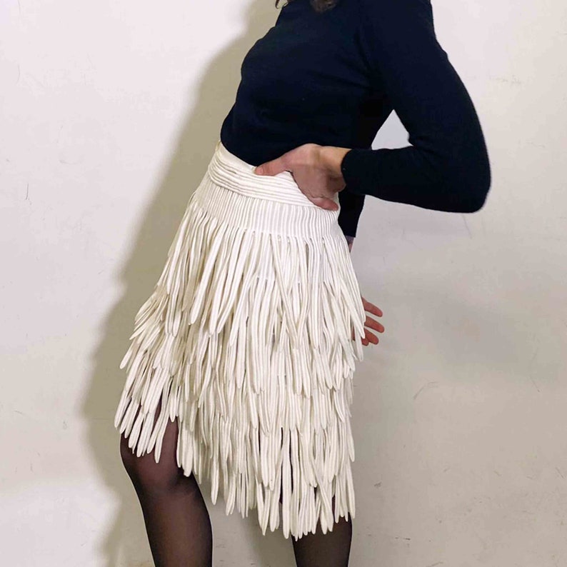 Vintage 80s fringe leaf white skirt