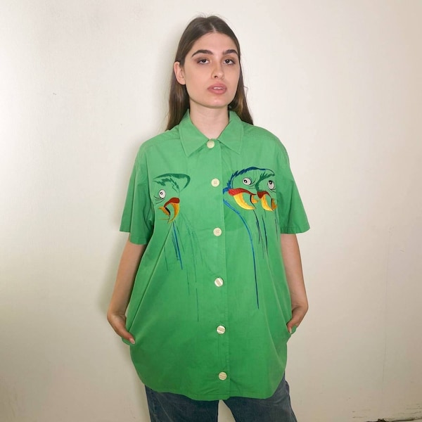 Vintage 90s ICEBERG parrots green short sleeved popeline shirt