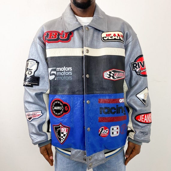 Buy Vintage 90s FUBU Blue and Grey Leather Bomber Jacket Online in