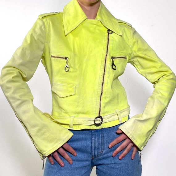 Vintage 2000s Neon Green Just Cavalli Stretchy Biker Jacket