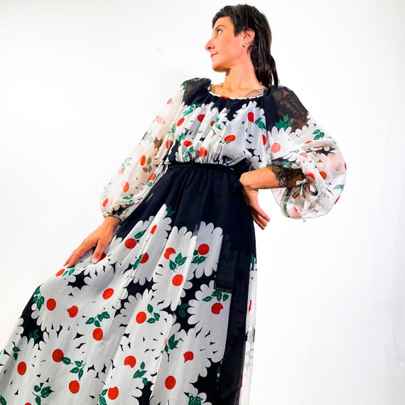 Vintage 90s puffy sleeved floral daisy black and … - image 2