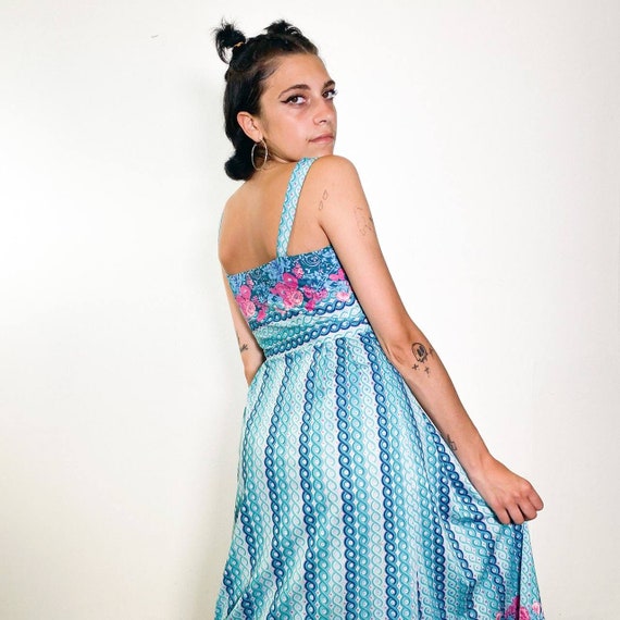Vintage 1970 robe de cocktail fleurie vas e fleurie turquoise