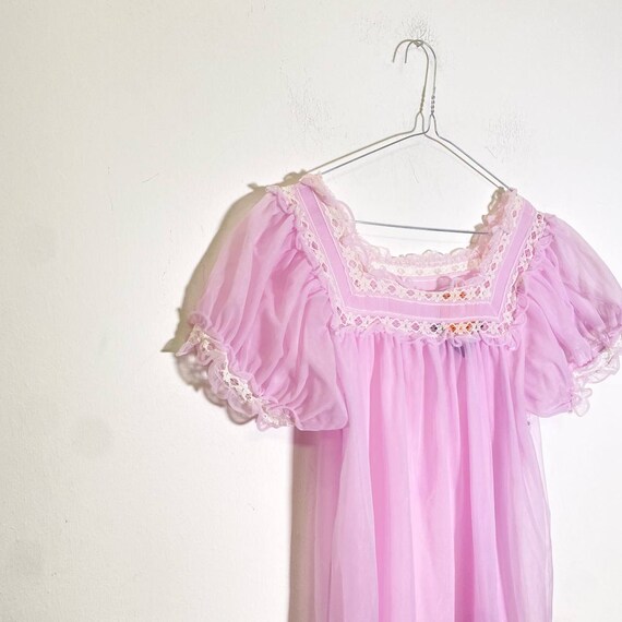 Vintage 70s lavender puffy sleeved mesh slip dress - image 4