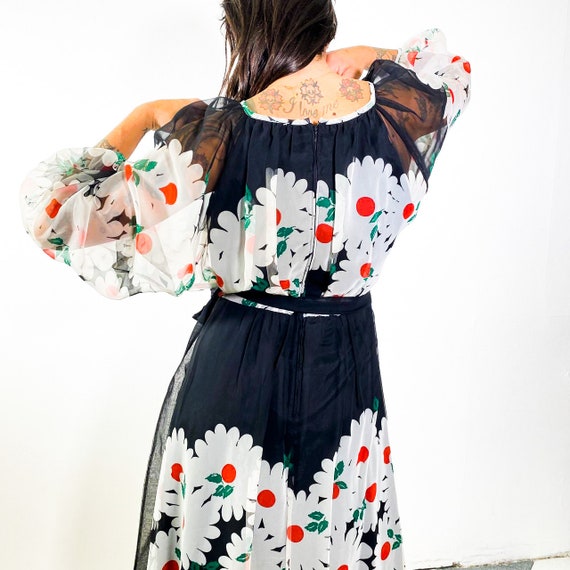 Vintage 90s puffy sleeved floral daisy black and … - image 4