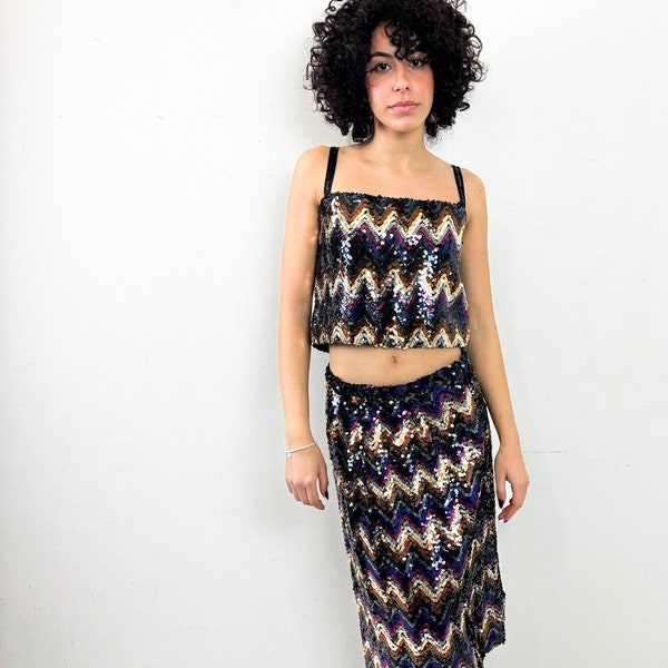 Vintage 90s sequins top and skirt multicoloured set