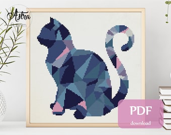Geometric Cat Cross stitch pattern Digital format - PDF, Modern Cross stitch pattern, Geometric Animal Cross stitch pattern #004