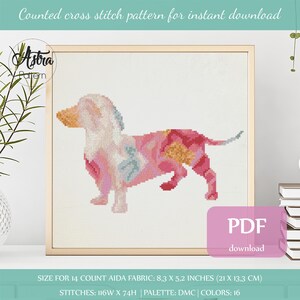 Dachshund silhouette cross stitch pattern Digital format - PDF, Dachshund watercolor cross stitch pattern #067