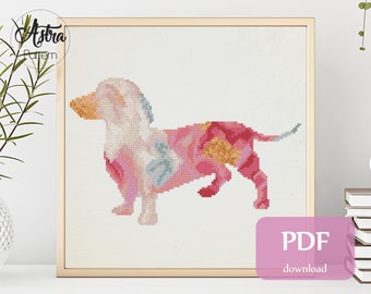 Dachshund silhouette cross stitch pattern Digital format - PDF, Dachshund watercolor cross stitch pattern #067