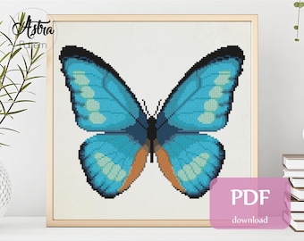 Blue morpho butterfly cross stitch pattern Digital format - PDF, Realistic cross stitch pattern, Nature cross stitch pattern #065