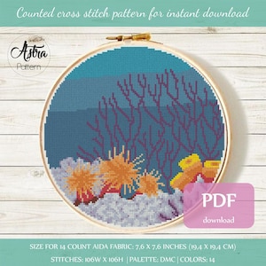 Coral reef cross stitch pattern PDF, Undersea cross stitch pattern, Hoop art embroidery, Ocean cross stitch pattern #114