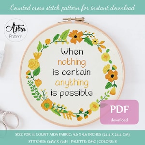 When nothing is certain anything is possible Cross Stitch Pattern Digital format - PDF, Inspirational quote cross stitch pattern #349