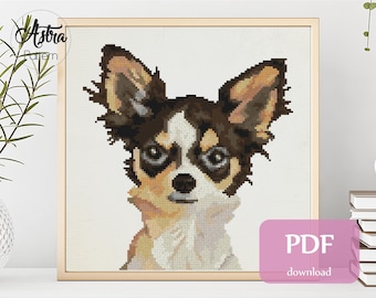 Chihuahua cross stitch pattern Digital format - PDF, Chihuahua portrait cross stitch pattern, Dog Cross stitch pattern #038