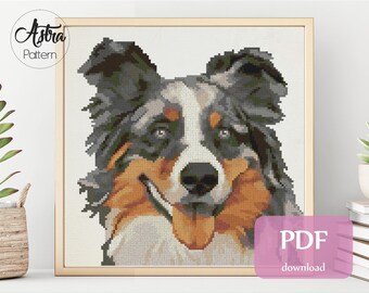 Australian Shepherd cross stitch pattern Digital format - PDF, Dog Cross stitch pattern, Aussie dog cross stitch pattern #041