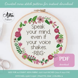 以下が含まれることがあります： 花輪と「Speak your mind, even if your voice shakes. -RBG-」という引用文が特徴のクロスステッチパターン。このパターンは14カウントのアイダ生地用で、9.6インチ×9.6インチです。DMCカラー9色を使用しています。