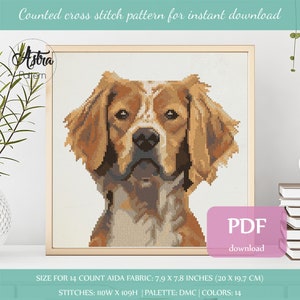 Brittany spaniel cross stitch pattern Digital format - PDF, Epagneul breton cross stitch pattern, Brittany dog cross stitch pattern #185