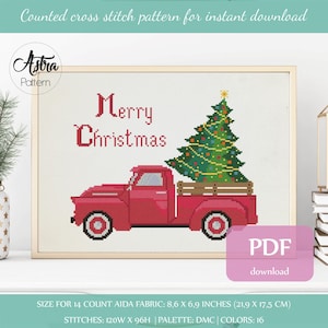 Christmas truck cross stitch pattern PDF, Christmas tree cross stitch pattern, Holiday cross stitch pattern #136