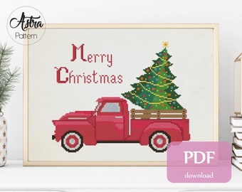 Christmas truck cross stitch pattern PDF, Christmas tree cross stitch pattern, Holiday cross stitch pattern #136