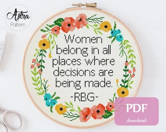 Può includere: Uno schema di punto croce con una ghirlanda di fiori e la citazione "Le donne appartengono a tutti i luoghi in cui vengono prese le decisioni. -RBG-". Lo schema è progettato per tessuto Aida a 14 punti e misura 9,6 x 9,9 pollici (24,4 x 25,1 cm).