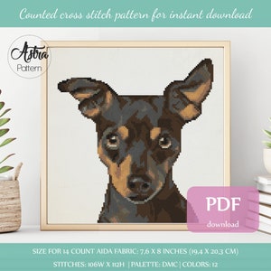 Miniature Pinscher cross stitch pattern Digital format - PDF, Dog portrait cross stitch pattern, Black and tan dog Cross stitch pattern #341