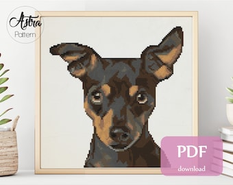 Miniature Pinscher cross stitch pattern Digital format - PDF, Dog portrait cross stitch pattern, Black and tan dog Cross stitch pattern #341