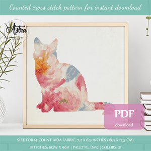 Watercolor Cat Cross stitch pattern Digital format - PDF, Modern Cross stitch pattern, Floral Animal Cross stitch pattern #006