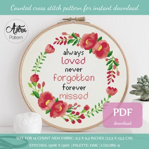 Always Loved Never Forgotten Forever Missed Cross Stitch Pattern Digital format - PDF, Family quote cross stitch pattern #351