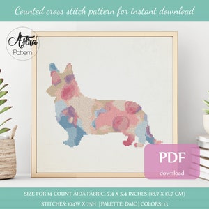 May include: Counted cross stitch pattern for a floral dog silhouette. The pattern is for 14 count Aida fabric and measures 7.4 inches by 5.4 inches. The pattern uses 13 colors and is available for instant download as a PDF.