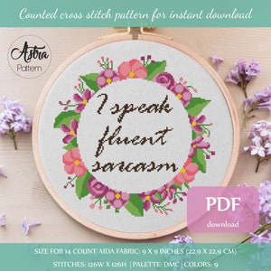 I speak fluent sarcasm Cross Stitch pattern Digital format - PDF, Sassy cross stitch, Funny cross stitch, Modern cross stitch pattern #306