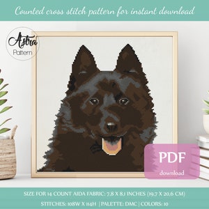 May include: A framed cross-stitch pattern featuring a black dog with a brown tongue. The artwork is displayed on a white background. The text "Counted cross stitch pattern for instant download" is at the top. The size is 7.8 x 8.1 inches.