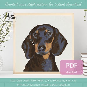 Dachshund cross stitch pattern Digital format - PDF, Dachshund portrait cross stitch pattern, Dog Cross stitch pattern #018