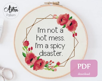 I'm not a hot mess I'm a spicy disaster Cross Stitch Pattern Digital format - PDF, Funny cross stitch, Snarky quote cross stitch #356