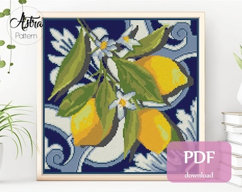 Lemon cross stitch pattern Digital format - PDF, Kitchen cross stitch pattern, Tile cross stitch pattern, Italy cross stitch pattern #068