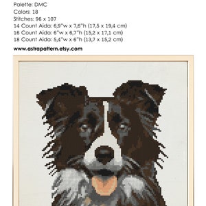 May include: Cross-stitch pattern of a Border Collie dog's face. The dog is black, white, and brown with a pink tongue. The pattern is 96 stitches wide by 107 stitches high. The pattern is available in 14, 16, and 18 count Aida fabric.
