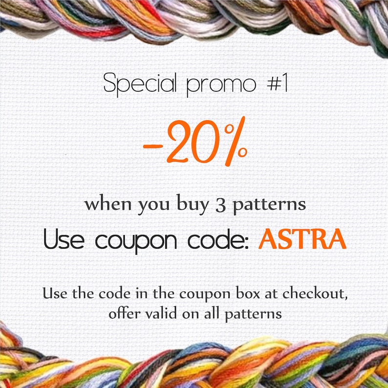 Op de afbeelding: Een afbeelding met een kleurrijke rand en tekst die luidt: "Speciale promotie #1 -20% bij aankoop van 3 patronen Gebruik couponcode: ASTRA Gebruik de code in het couponvak bij het afrekenen, aanbieding geldig op alle patronen"