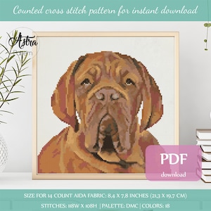 Dogue de Bordeaux cross stitch pattern Digital format - PDF, Dog portrait cross stitch pattern, Animal cross stitch #044