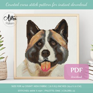 American Akita cross stitch pattern Digital format - PDF, Dog breed cross stitch pattern, Pet portrait cross stitch pattern #250