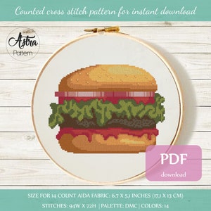 Hamburger Cross Stitch Pattern Digital format - PDF, Fast Food cross stitch, Hamburger cross stitch, Kitchen cross stitch #310