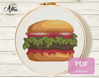 ハンバーガー クロスステッチ パターン デジタル形式 - PDF、ファーストフード クロスステッチ、ハンバーガー クロスステッチ、キッチン クロスステッチ #310