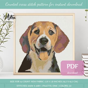 Beagle dog cross stitch pattern Digital format - PDF, Beagle portrait cross stitch pattern, Dog Cross stitch pattern #012