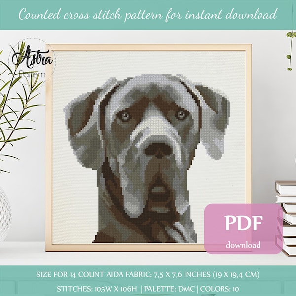 Great Dane cross stitch pattern Digital format - PDF, Dog portrait cross stitch pattern, Grey dog cross stitch pattern #154