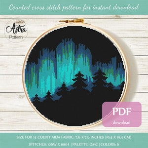 Northern lights cross stitch pattern PDF, Forest cross stitch pattern, Aurora cross stitch pattern, Trees cross stitch pattern #109