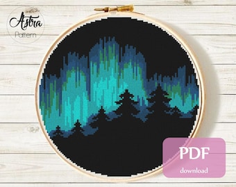Northern lights cross stitch pattern PDF, Forest cross stitch pattern, Aurora cross stitch pattern, Trees cross stitch pattern #109