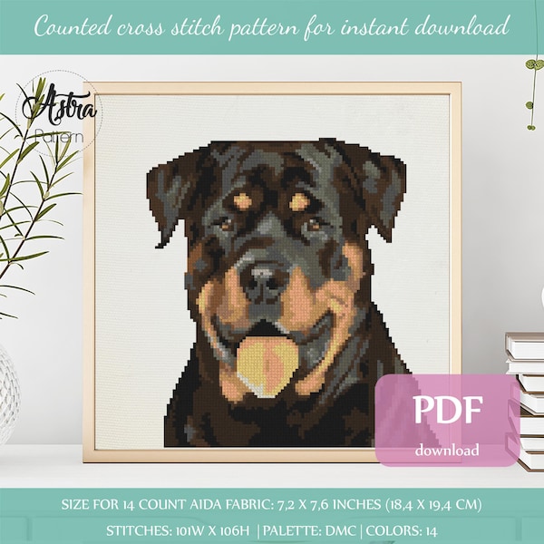 Patrón punto de cruz Rottweiler Formato digital - PDF, Patrón punto de cruz retrato Rottweiler, Patrón punto cruz perro #069