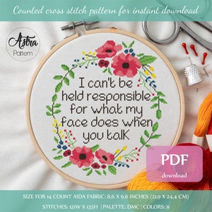 I can&#39;t be held responsible cross stitch pattern Digital format - PDF, Funny cross stitch, Sarcastic cross stitch, Snarky cross stitch #027