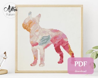 Boston Terriër silhouet kruissteek patroon Digitaal formaat - PDF, hond aquarel kruissteek patroon, huisdier silhouet kruissteek #235