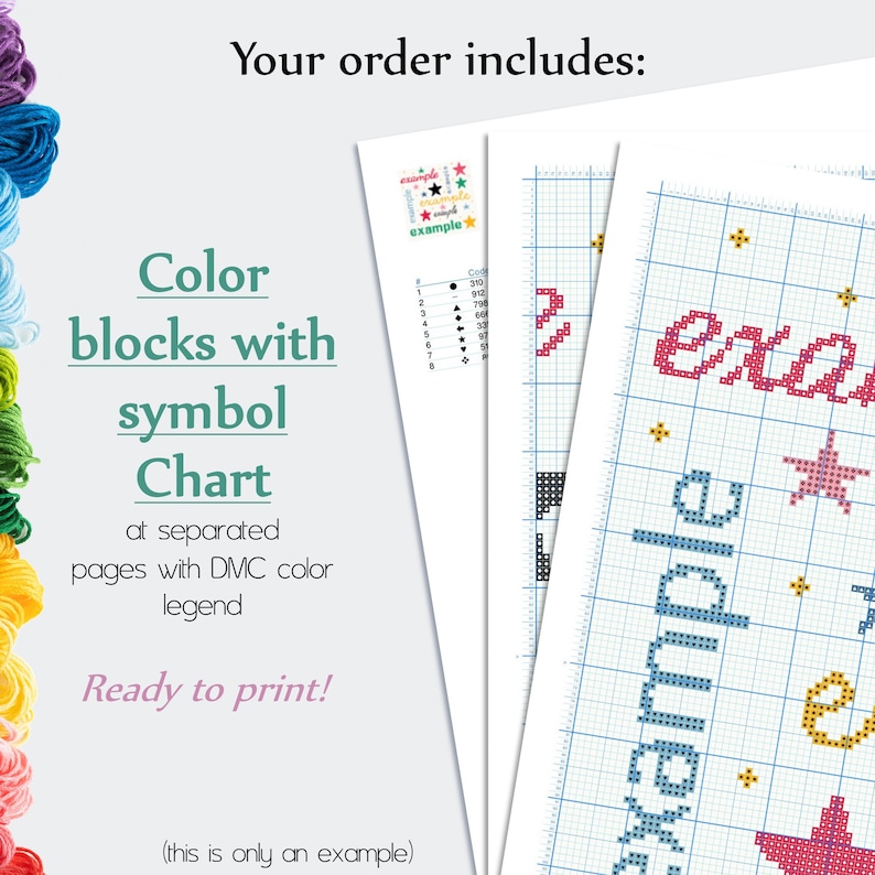 May include: A cross-stitch pattern with a color chart and a sample of the finished design. The design features the word "example" with stars and other symbols. The pattern is ready to print.