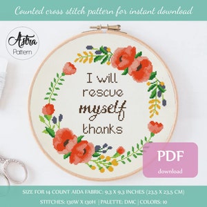 I will rescue myself Cross Stitch Pattern Digital format - PDF, Feminist quote cross stitch pattern, Women cross stitch pattern #294