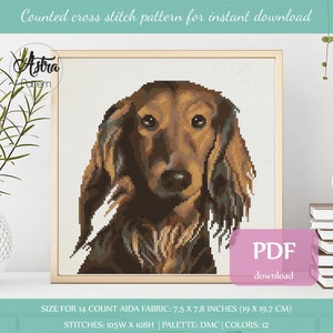 Long haired Dachshund cross stitch pattern Digital format - PDF, Brown Dachshund cross stitch pattern, Dog cross stitch pattern #186