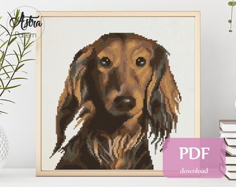 May include: Counted cross stitch pattern for a dachshund dog. The pattern is for 14 count Aida fabric and measures 7.5 x 7.8 inches (19 x 19.7 cm). The pattern uses 12 colors of DMC floss and requires 105 stitches wide by 108 stitches high.